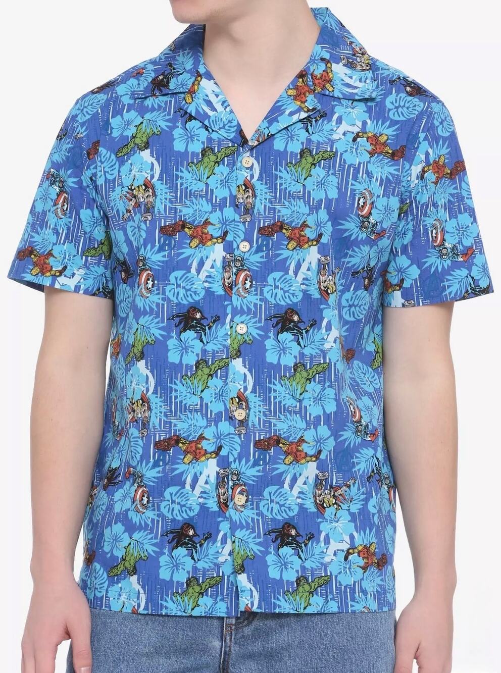 NWT Hot Topic Marvel Avengers Hawaiian Tropical AOP Woven Button-Up L